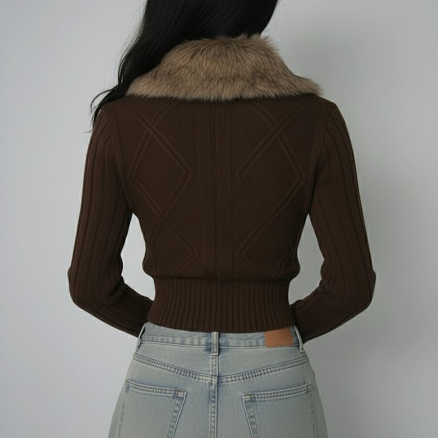 Faux Fur Collar Cable Knit Zip Cardigan