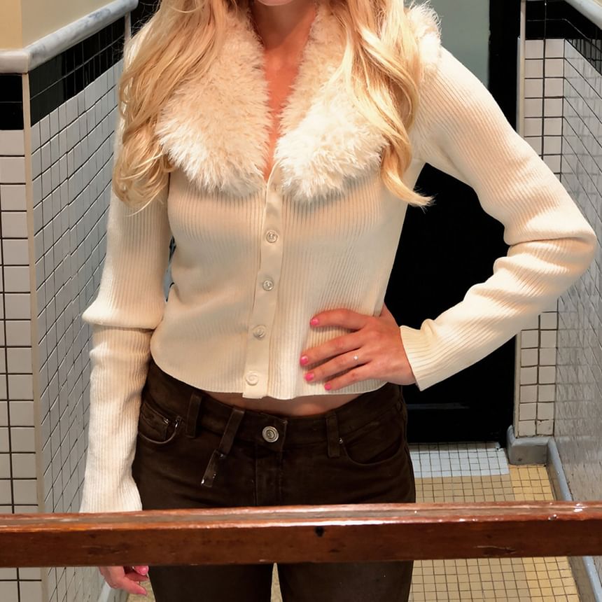 Faux Fur Collar Plain Ribbed Cardigan