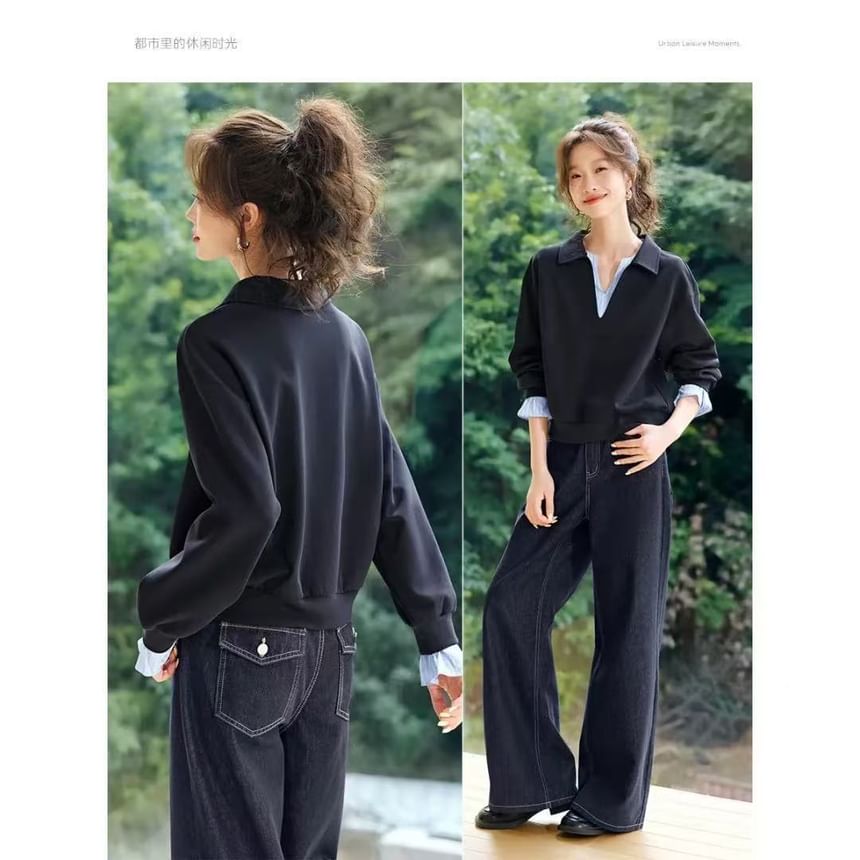 Faux Layered Striped Trim Polo Sweatshirt