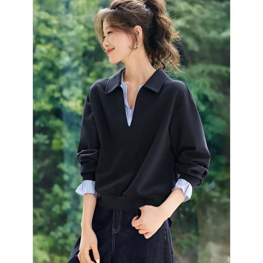 Faux Layered Striped Trim Polo Sweatshirt