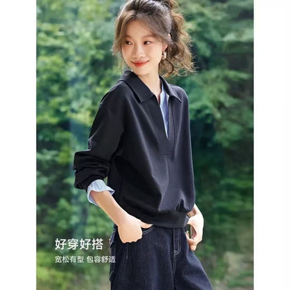 Faux Layered Striped Trim Polo Sweatshirt