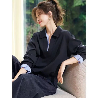 Faux Layered Striped Trim Polo Sweatshirt