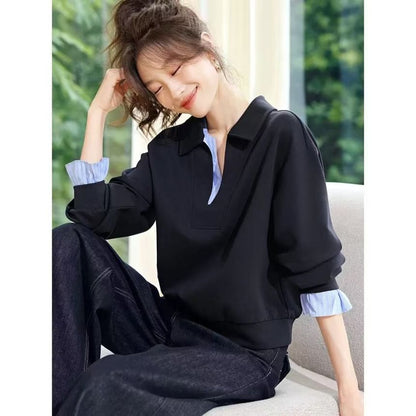 Faux Layered Striped Trim Polo Sweatshirt