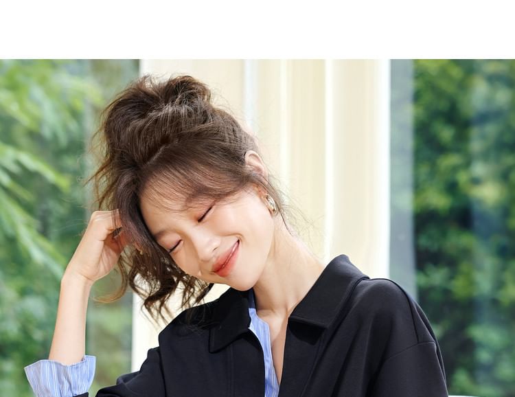 Faux Layered Striped Trim Polo Sweatshirt