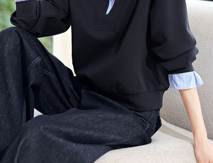 Faux Layered Striped Trim Polo Sweatshirt