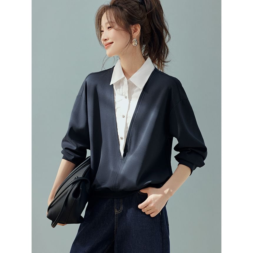 Layered Two-Tone Long Sleeve Blouse