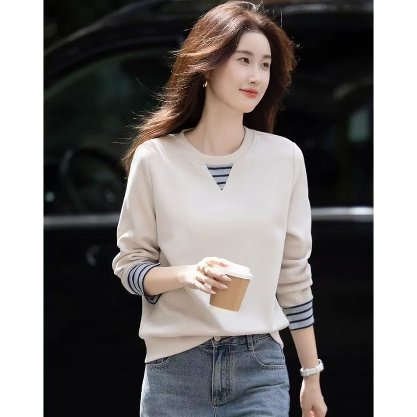 Striped Panel Pullover with Round Neckline