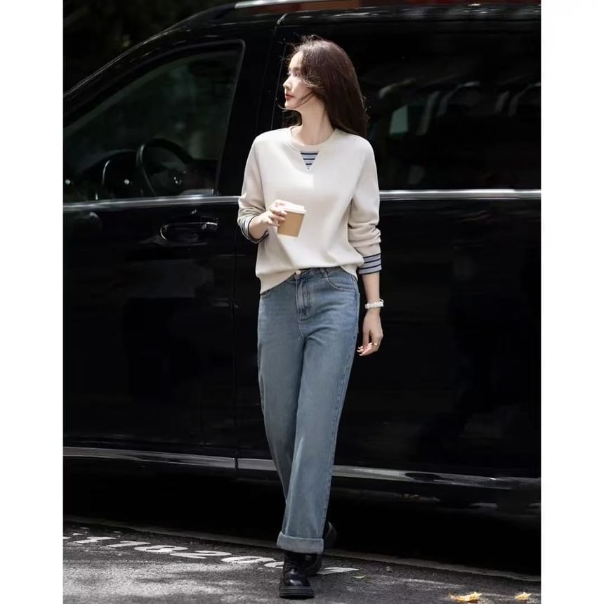 Striped Panel Pullover with Round Neckline