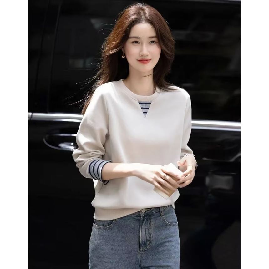 Striped Panel Pullover with Round Neckline