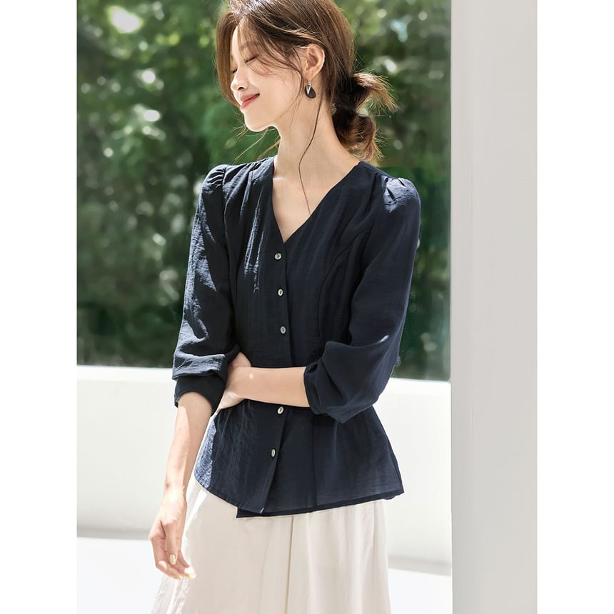 Solid Button-Front Blouse with V-Neckline and Long Sleeves
