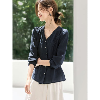 Solid Button-Front Blouse with V-Neckline and Long Sleeves