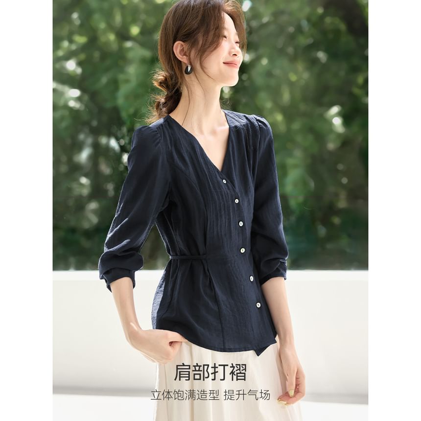 Solid Button-Front Blouse with V-Neckline and Long Sleeves