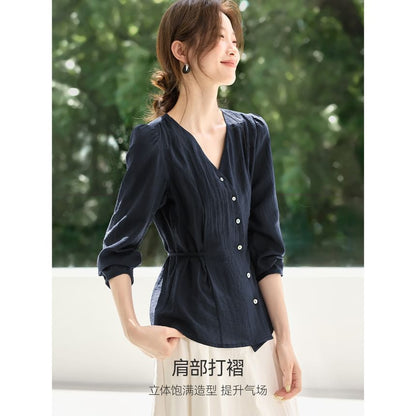 Solid Button-Front Blouse with V-Neckline and Long Sleeves