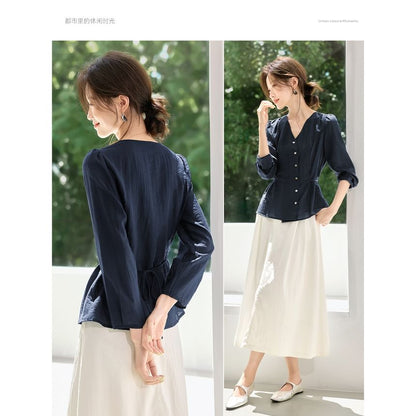 Solid Button-Front Blouse with V-Neckline and Long Sleeves