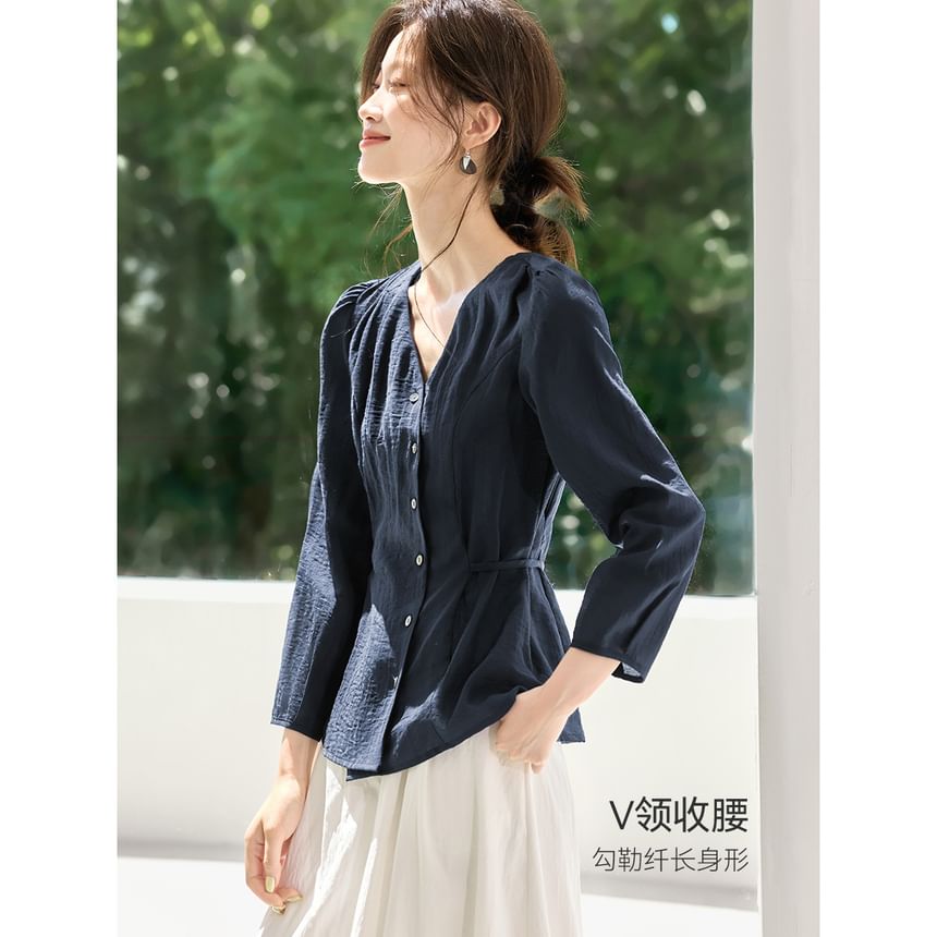 Solid Button-Front Blouse with V-Neckline and Long Sleeves