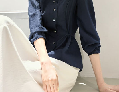 Solid Button-Front Blouse with V-Neckline and Long Sleeves