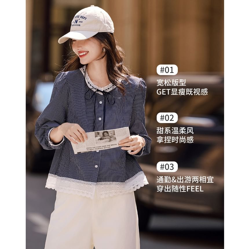 Striped Blouse with Lace Trim and Extended Sleeves