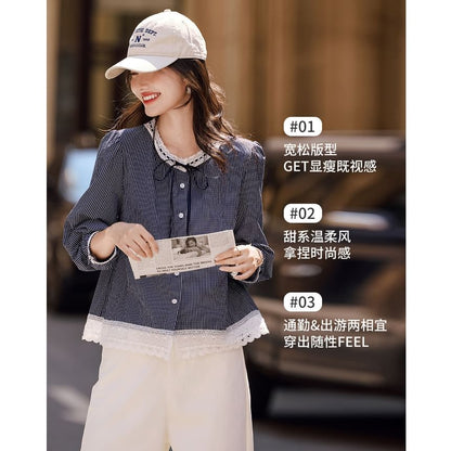 Striped Blouse with Lace Trim and Extended Sleeves