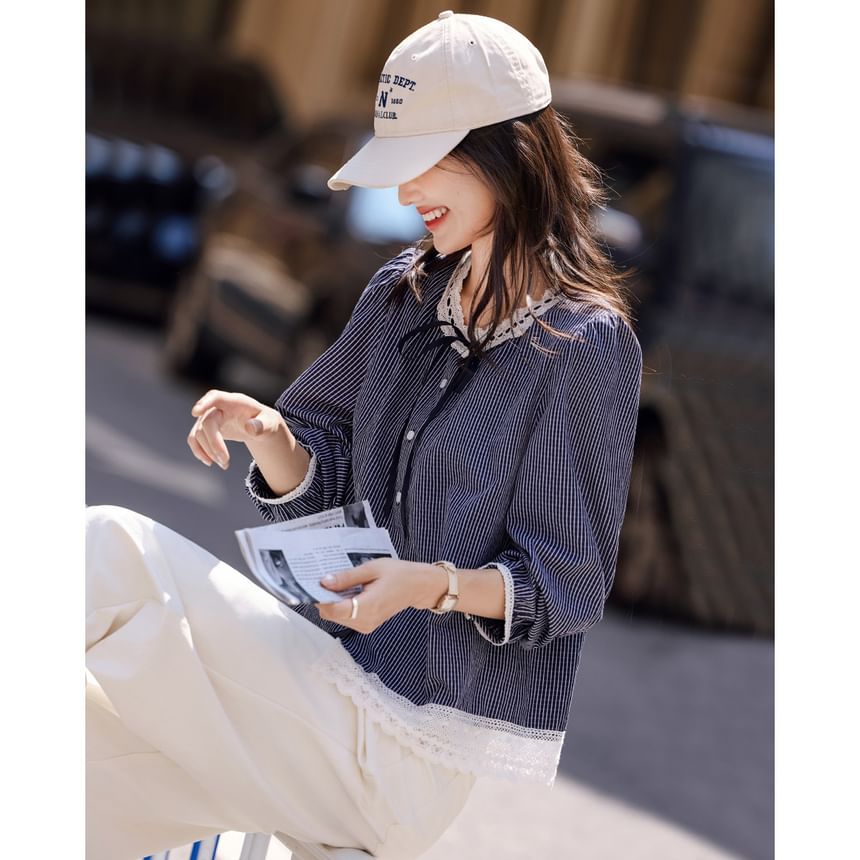 Striped Blouse with Lace Trim and Extended Sleeves