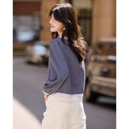 Striped Blouse with Lace Trim and Extended Sleeves