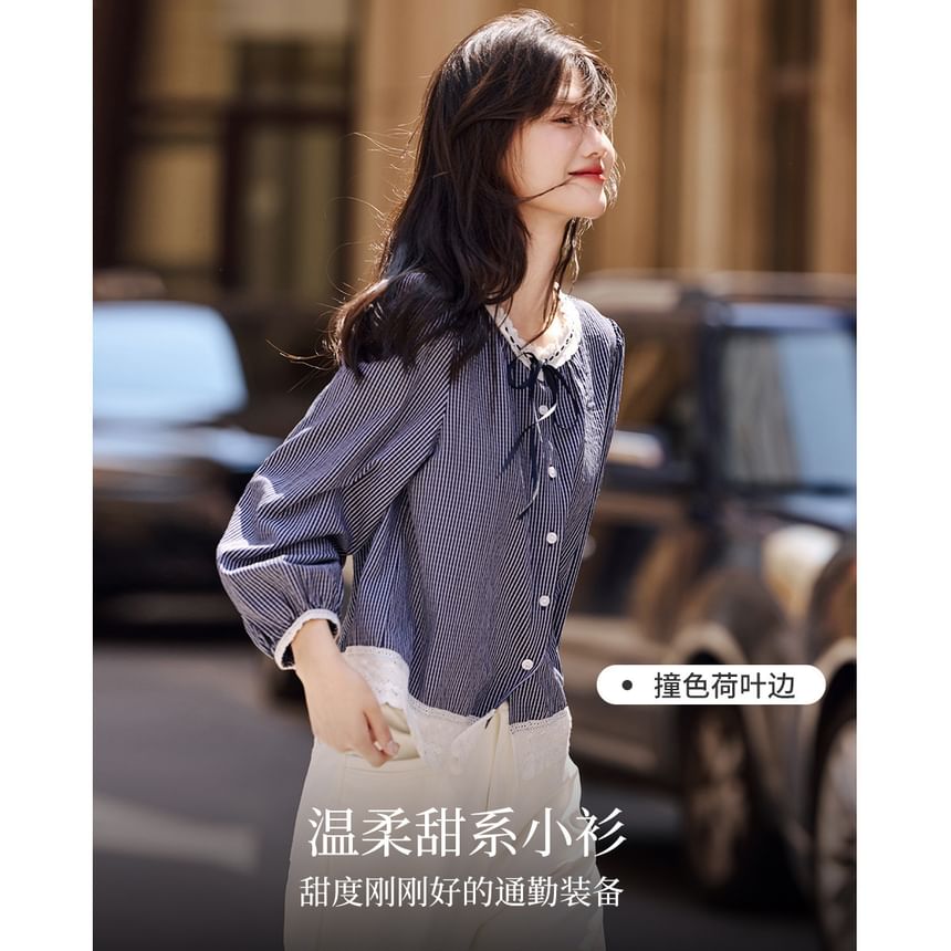 Striped Blouse with Lace Trim and Extended Sleeves