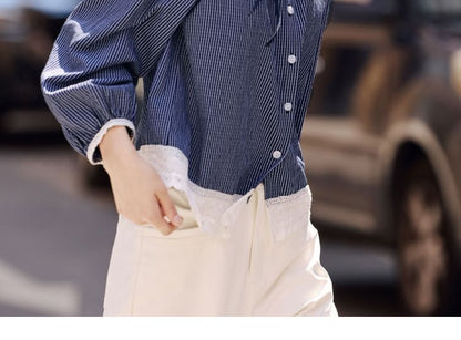 Striped Blouse with Lace Trim and Extended Sleeves