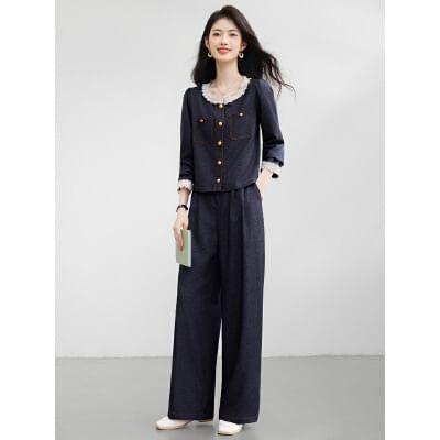Denim Shirt and Wide Leg Jeans Two-Piece Set