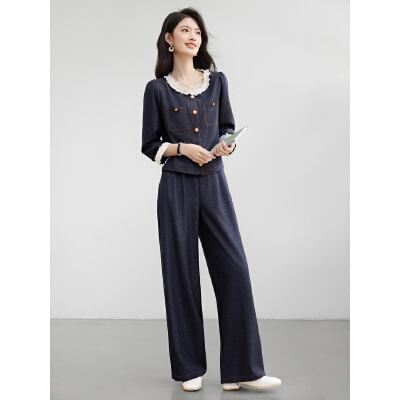 Denim Shirt and Wide Leg Jeans Two-Piece Set