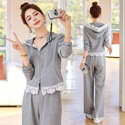 Lace Detail Zip Hoodie and Wide Leg Sweatpants Set