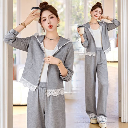Lace Detail Zip Hoodie and Wide Leg Sweatpants Set