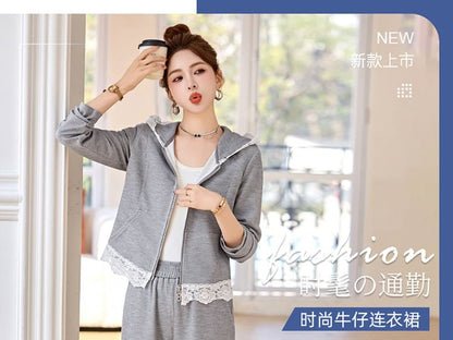 Lace Detail Zip Hoodie and Wide Leg Sweatpants Set
