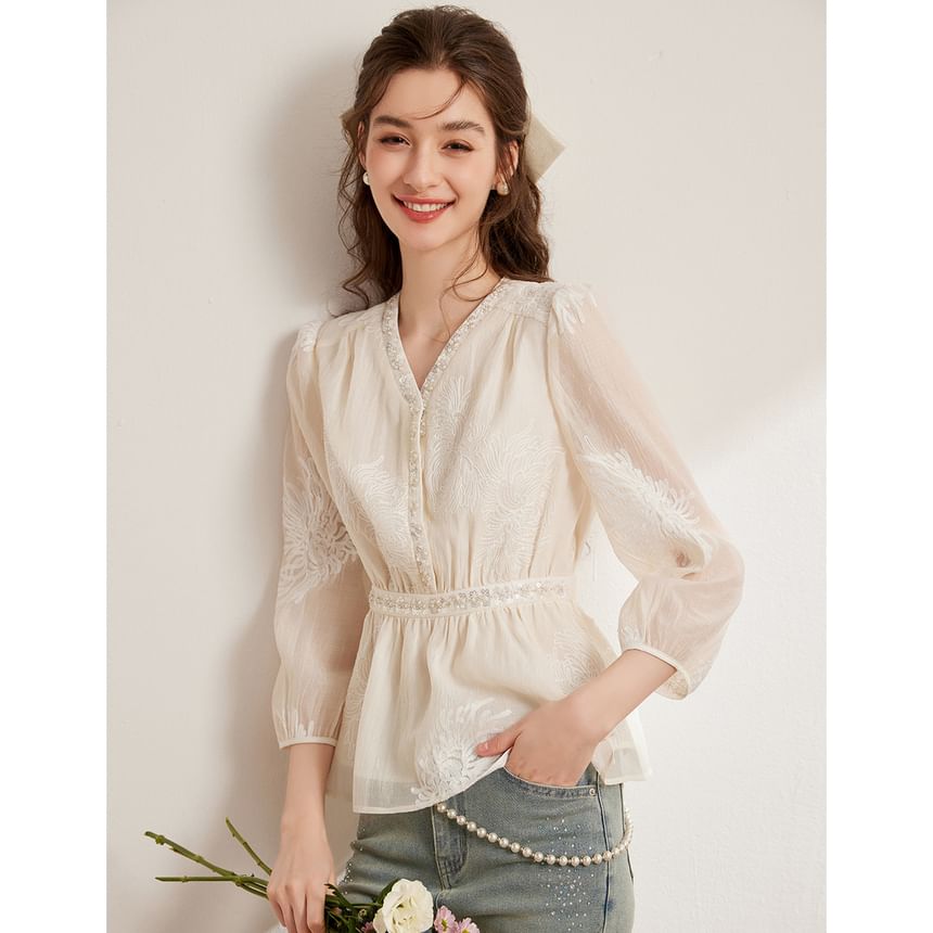 Airy Three-Quarter Sleeve V-Neck Solid Blouse