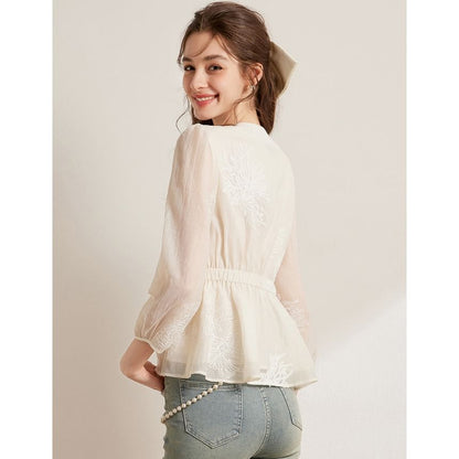 Airy Three-Quarter Sleeve V-Neck Solid Blouse
