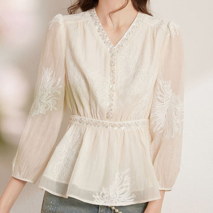 Airy Three-Quarter Sleeve V-Neck Solid Blouse