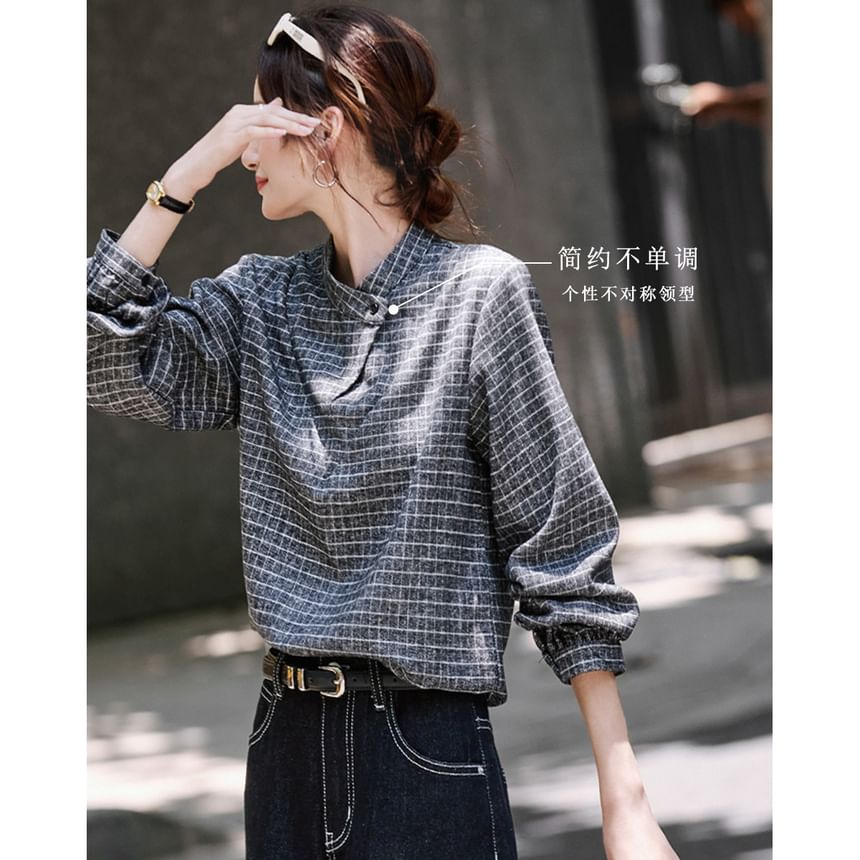 Plaid Blouse with Stand Collar and Long Sleeves
