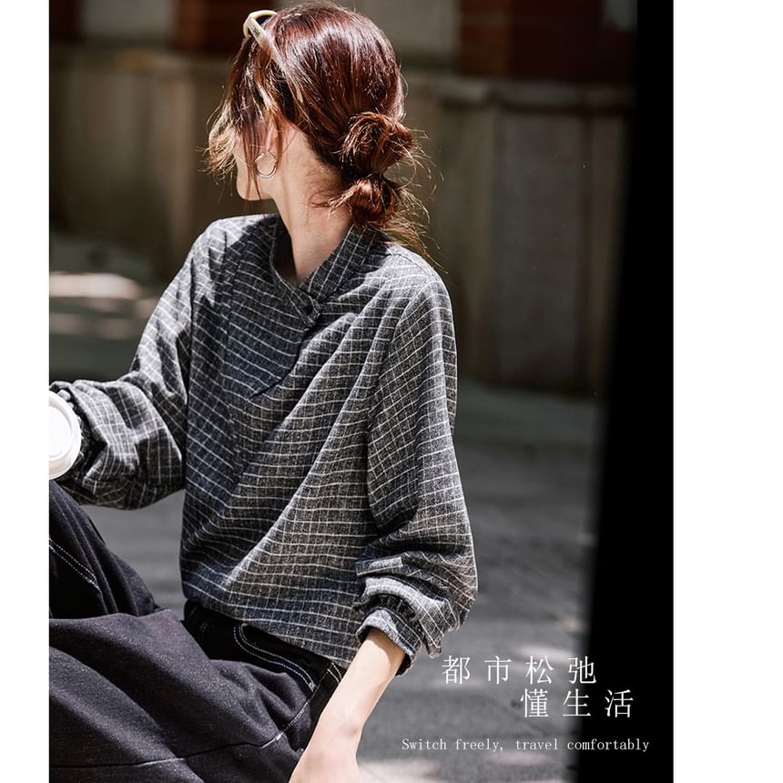 Plaid Blouse with Stand Collar and Long Sleeves