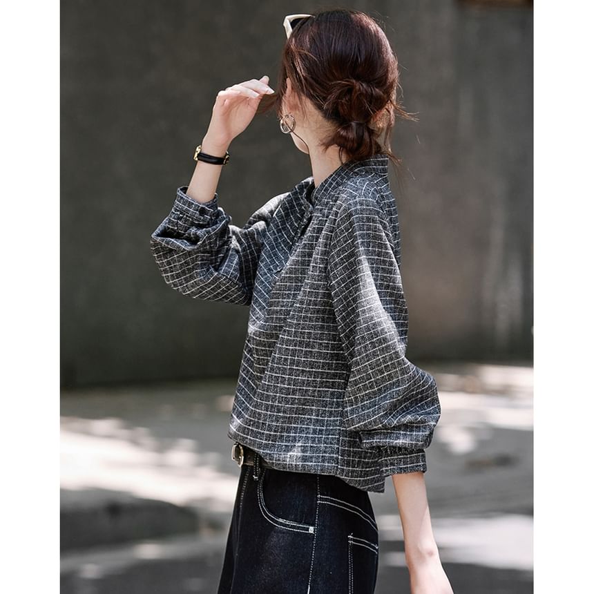 Plaid Blouse with Stand Collar and Long Sleeves