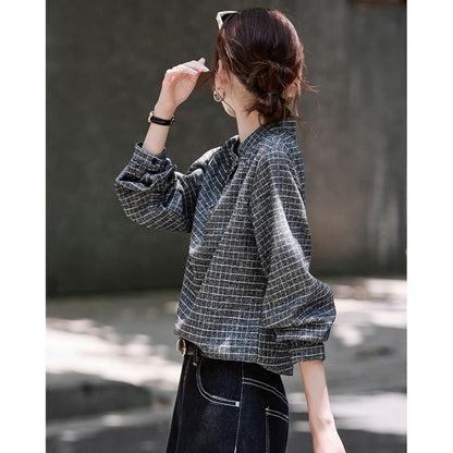 Plaid Blouse with Stand Collar and Long Sleeves