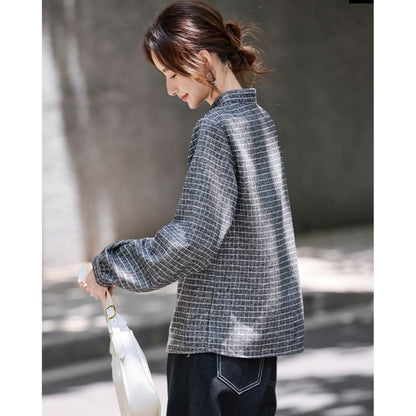 Plaid Blouse with Stand Collar and Long Sleeves