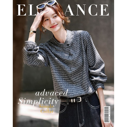 Plaid Blouse with Stand Collar and Long Sleeves