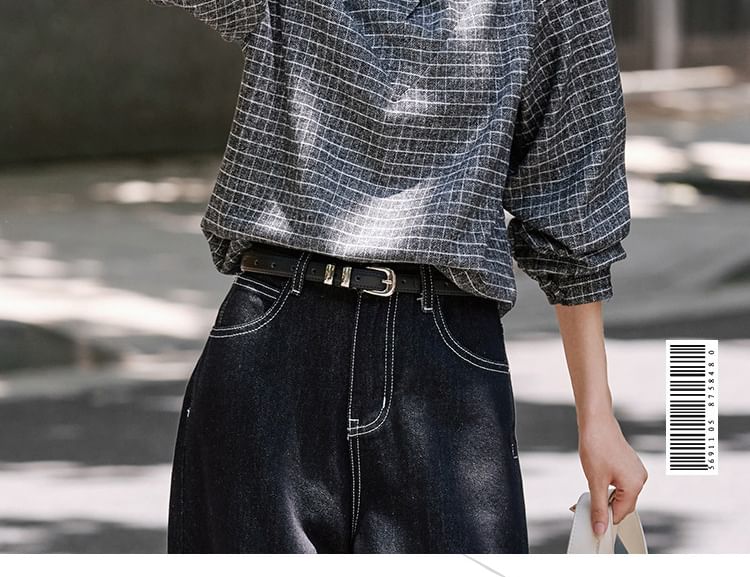 Plaid Blouse with Stand Collar and Long Sleeves
