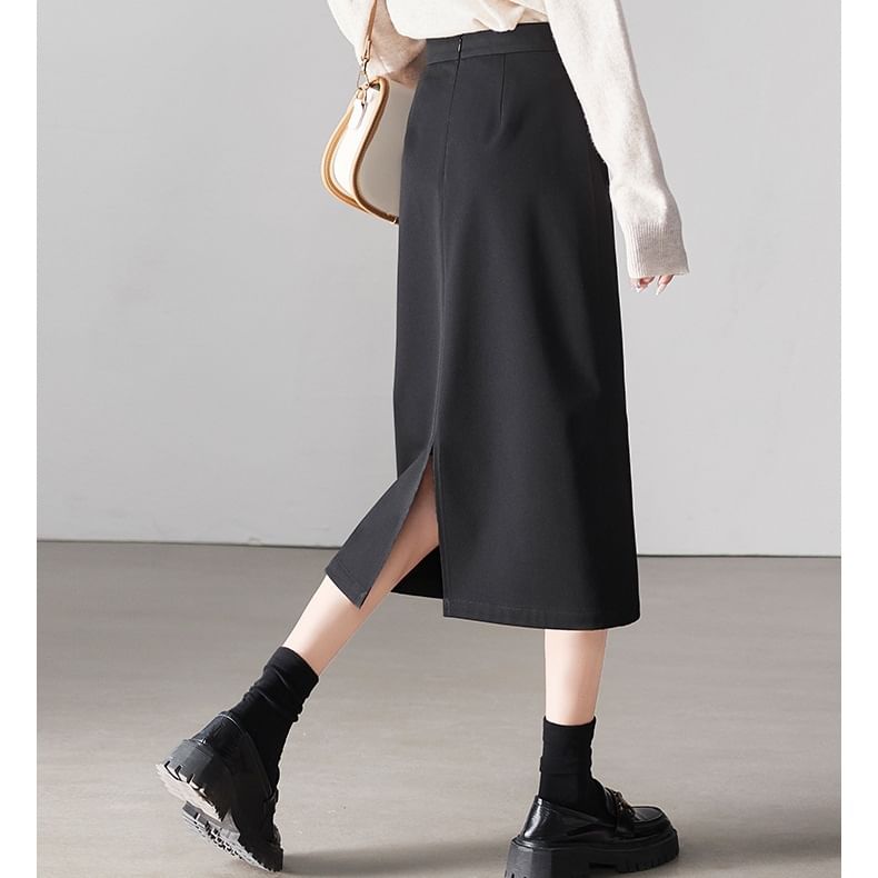 Plain Midi Skirt with High Rise