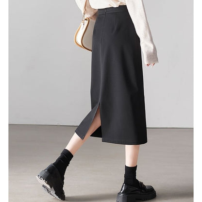 Plain Midi Skirt with High Rise
