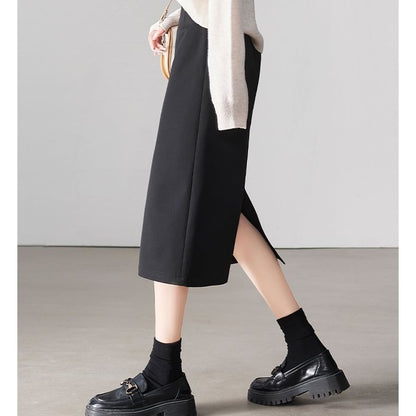 Plain Midi Skirt with High Rise