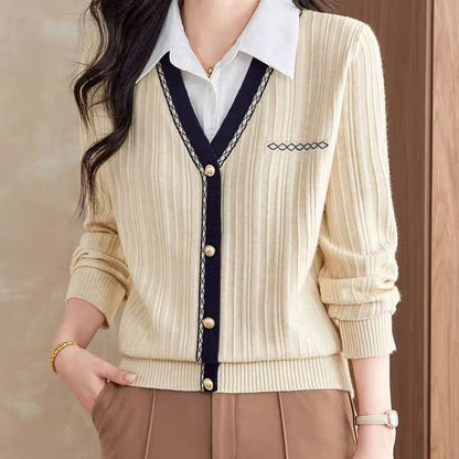 Collared Knit Top with Mock Two-Piece and Extended Sleeves