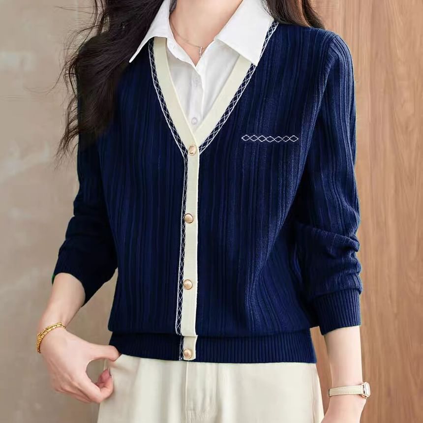 Collared Knit Top with Mock Two-Piece and Extended Sleeves