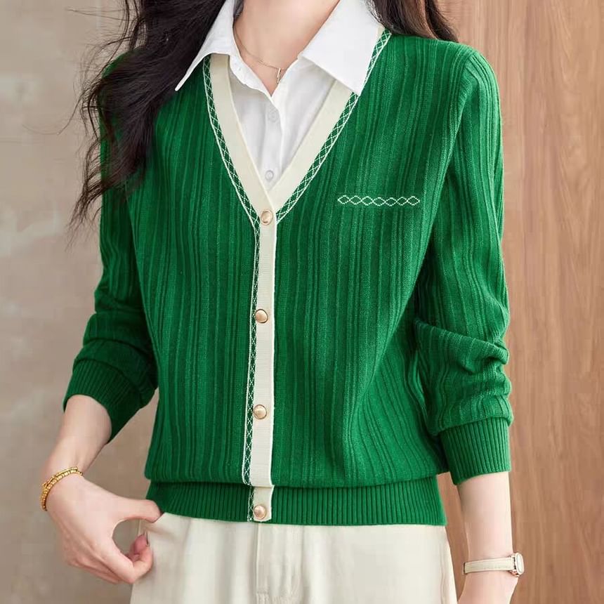 Collared Knit Top with Mock Two-Piece and Extended Sleeves