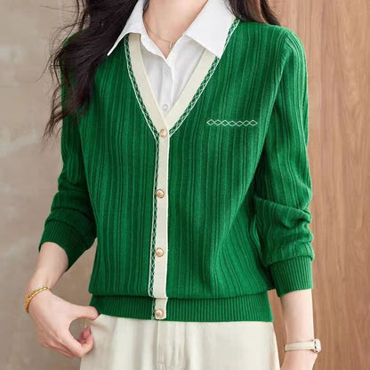 Collared Knit Top with Mock Two-Piece and Extended Sleeves