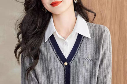 Collared Knit Top with Mock Two-Piece and Extended Sleeves