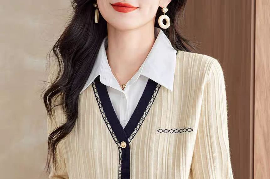 Collared Knit Top with Mock Two-Piece and Extended Sleeves